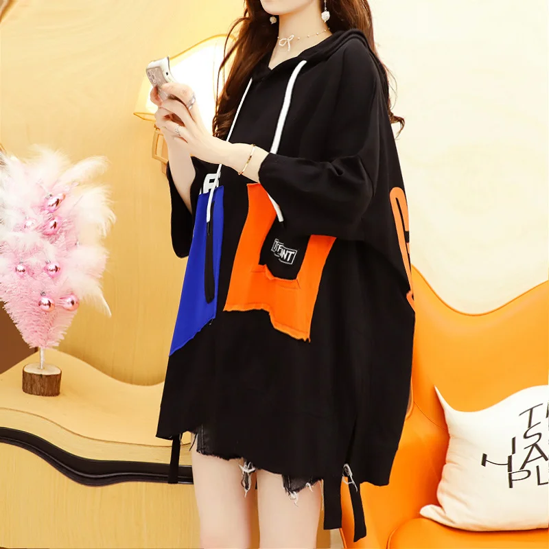 

Hooded plus Size Short-Sleeved T-shirt for Women 2021 New Summer Loose Korean Style Trendy Sense of Design Patch Color Matching