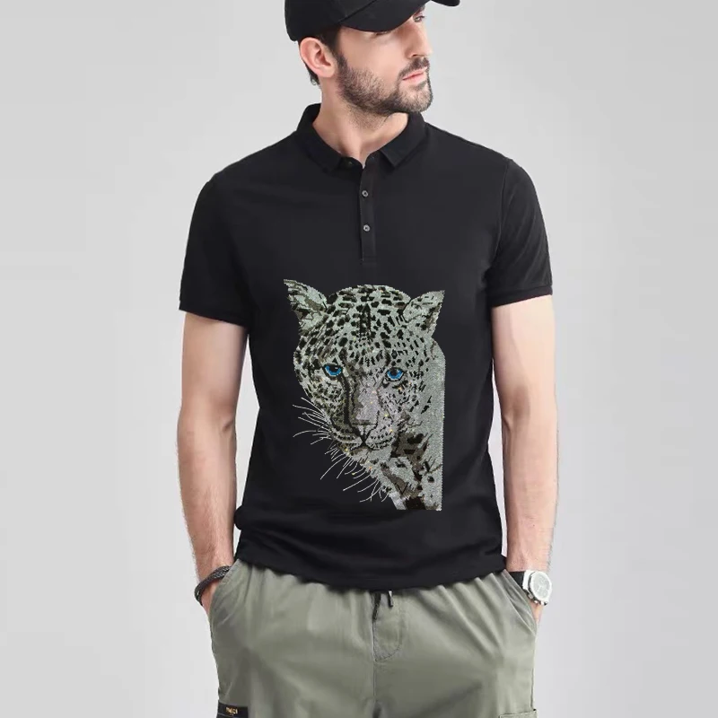 Spring And Summer Men's Polo Button Design T-Shirt Cotton Loose Hot Diamond Style Lapel Black White Short-Sleeved All-Match Top