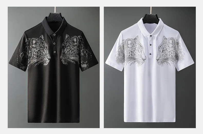 

2021 summer new European style hot drill leopard head print lapel short sleeve T-shirt man