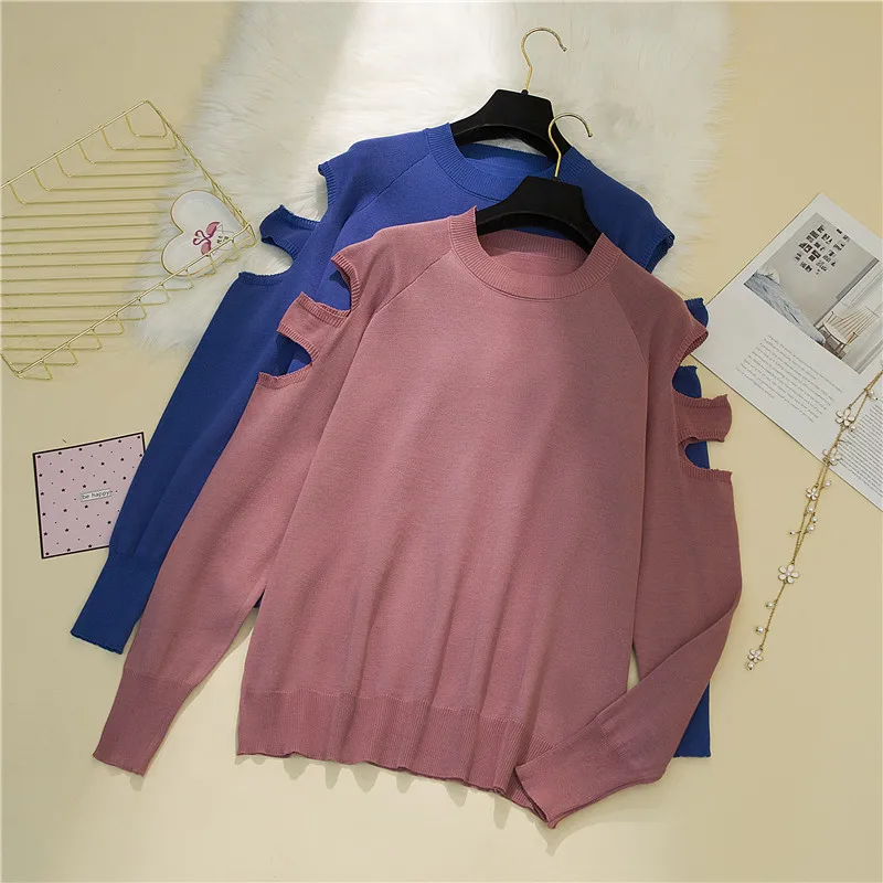 

Fashion Women Knitted Sweater Sexy Off Shoulder O Neck Pink Long Sleeve Knit Pullover Jumper Mujer 2020 Winter Woman Sweaters