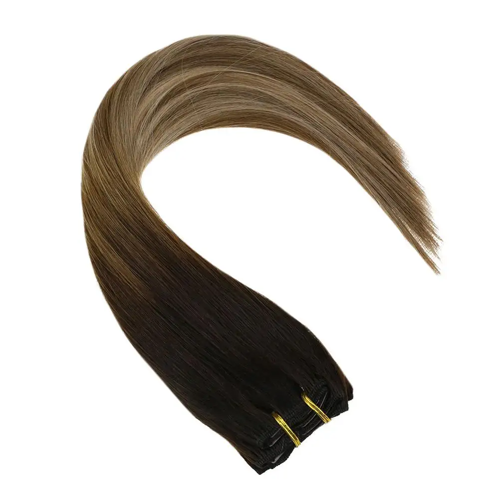 VeSunny Double Weft Clip in Hair Extensions Human 7pcs 120gr on Balayage Ombre Brown mix Blonde #2/6/18 | Шиньоны и парики
