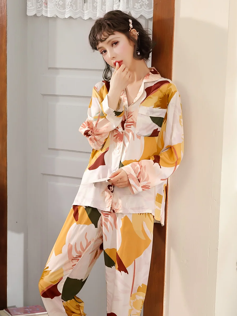 Женские пижамы с длинным рукавом весенне-осенние хлопковые тонкие длинные штаны