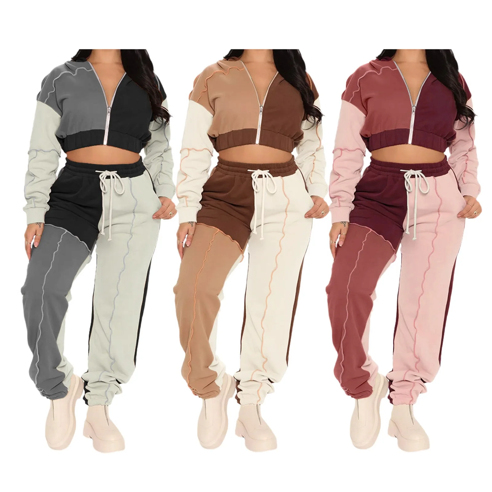 

hirigin New Fashion Women's Two-Piece Suit Color Block Long Sleeve Zipper Hooded Tops + Drawstring Pants for Party Travel Sets