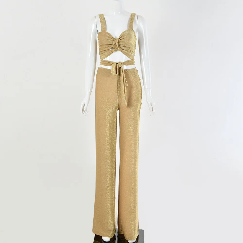 

2020 Spring Sexy Sparkly Two Pieces Set Women Lace Up Tank Top High Split Pants Suit Female Clothing Egirl Club Outfits