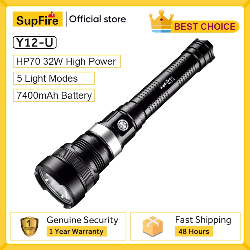 

Supfire Y12 Series LED High Power Glare Flashlight 32W Tactical Flashlight Best For Self-Defense Camping USB Rechargeable Torch
