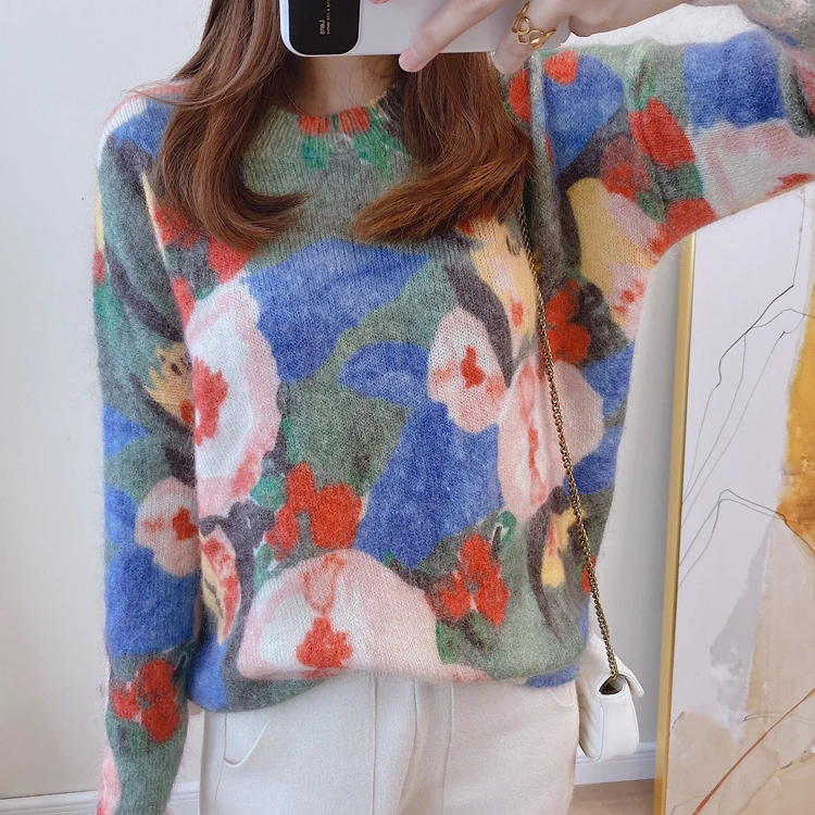 

Mohair Women Wool Sweater Oil Floral Painting Print Loose Slim Knit Pullover Sweater