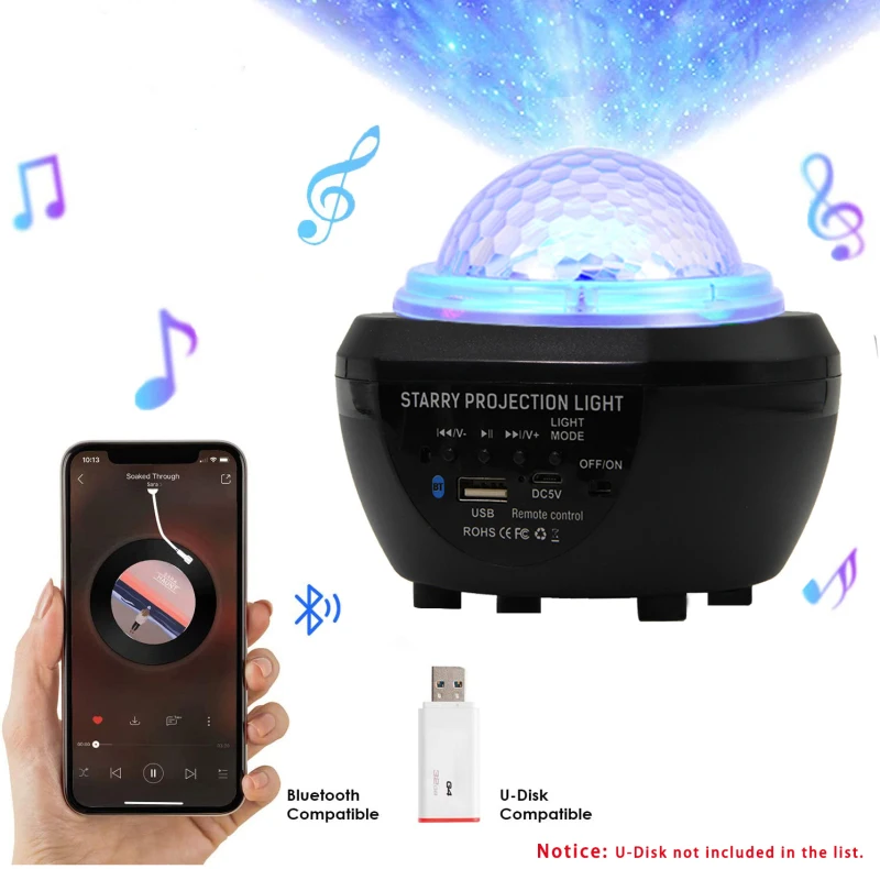 

Colorful Lights Water Pattern Laser Star Pattern Light TF Card USB Charging Bluetooth Music Night Atmosphere Projection Lamp