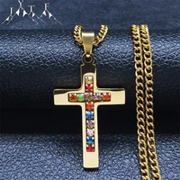colorful crystal stainless steel religion cross chian necklace menwomen gold color long necklace jewelry bijoux acier n4916s05