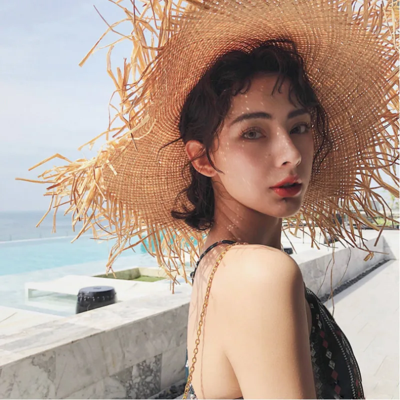 Шляпа из рафии с крупными полями женская уличная пляжная Панама от солнца ручной