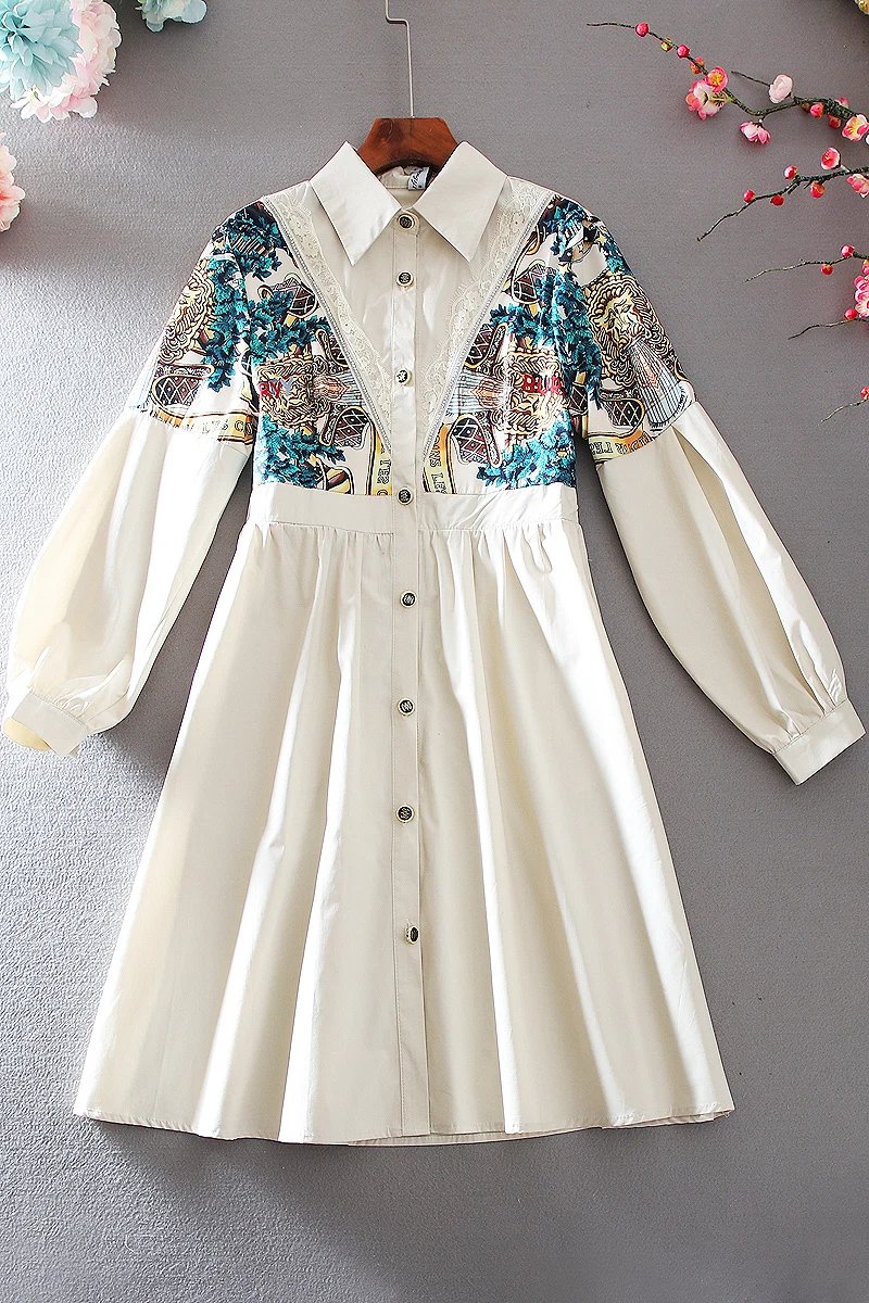 

Korea Print Stitching High Waist Ladies Dress Temperament Cotton Fashion Casual Women Dress Lapel Long Sleeve 2020 Spring Z018