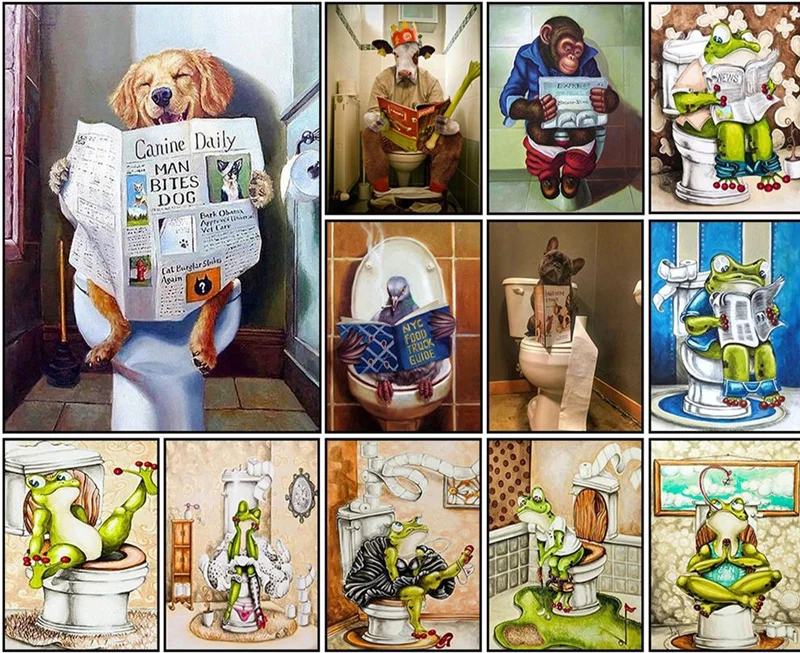 

Small Animals Sit on the Toilet DIY 5D Diamond Painting Full Round Full Drill Paintings Wall Decoration Gift for Adults and Kids