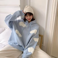 blue white cloud hooded sweatshirt kawaii full sleeve pullover hoodies for womens clothes female harajuku tops oversized 2xl