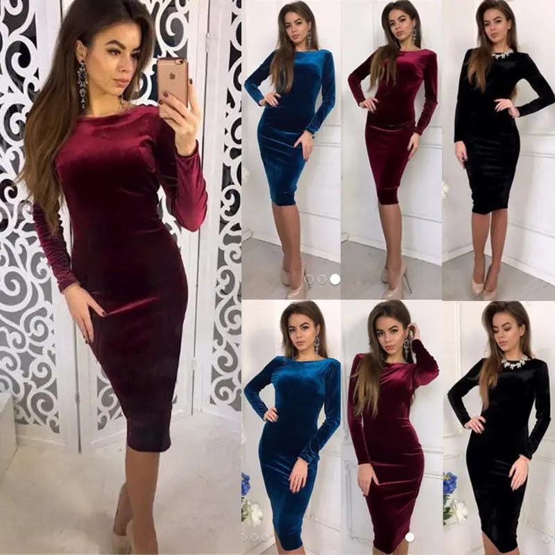 Винтажное платье женское сексуальное однотонное облегающее с длинным рукавом