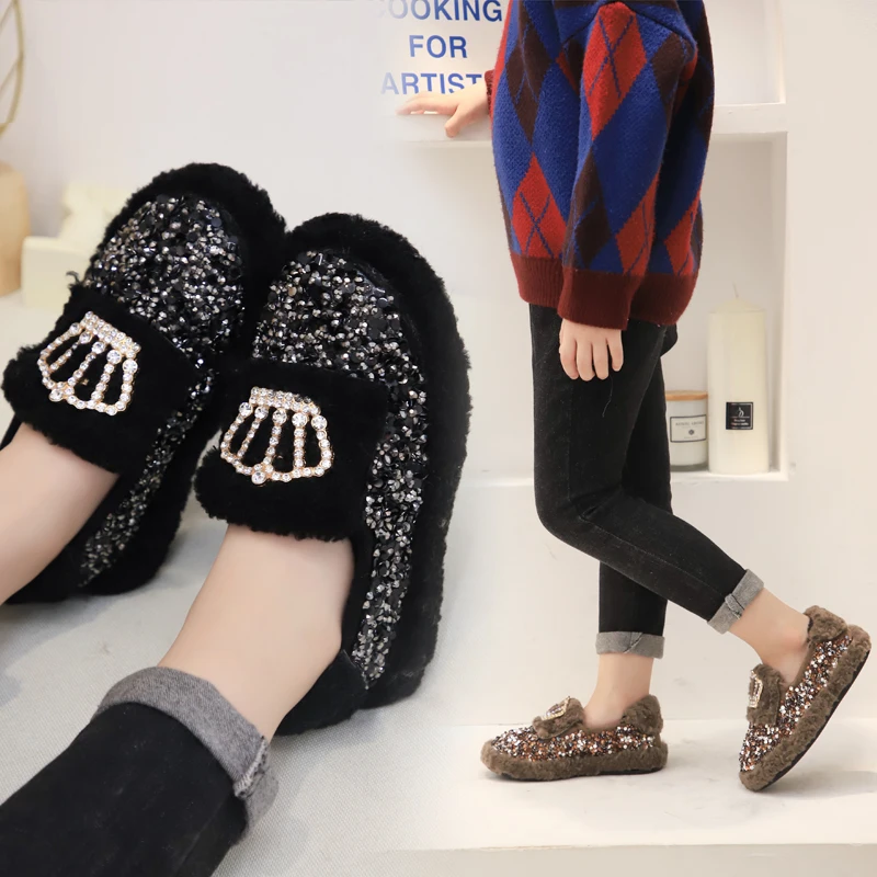 Детские блестящие тапочки зимние детские зимняя домашняя теплая обувь для