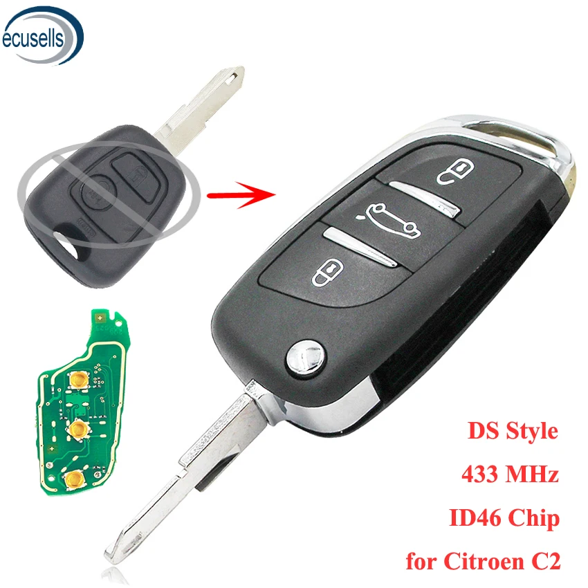 Складной ключ DS Style 5036 для Citroen C2 3 кнопки БЕСКЛЮЧЕВОЙ вход дистанционный 434 МГц чип