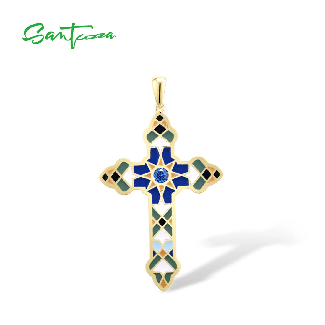 

SANTUZZA Pure 925 Sterling Silver Pendant For Women Sparkling Blue Spinel Multi Color Enamel Cross Pendant Fine Jewelry Handmade