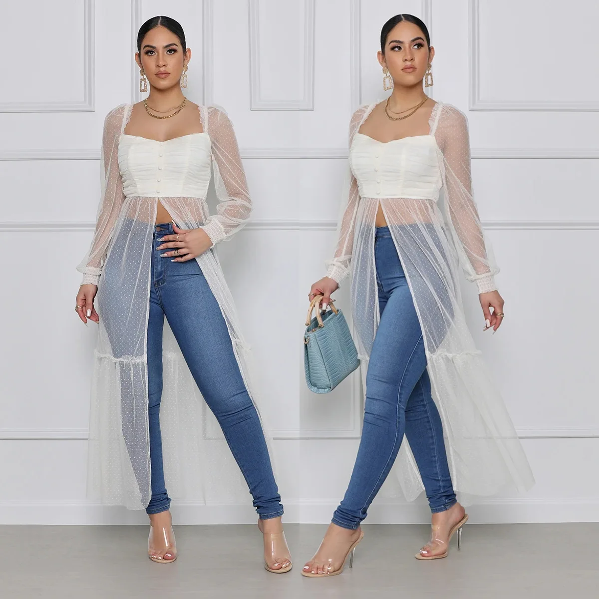 

9397 European and American Mesh Collar Casual Cardigan Women's Top Dress