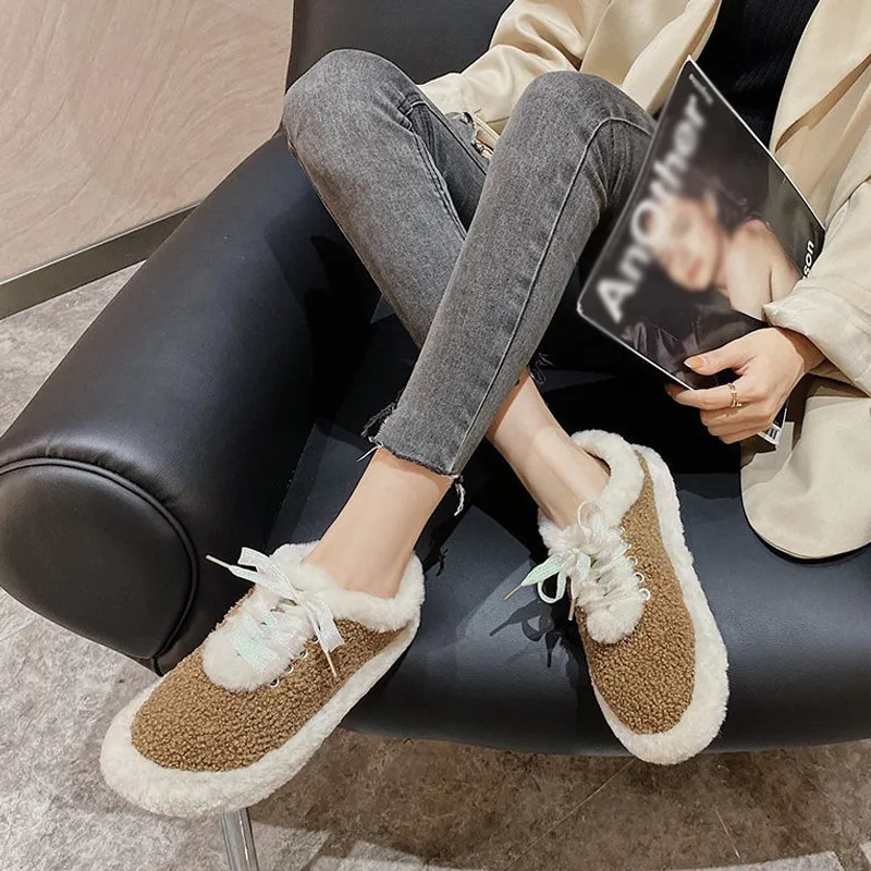 

Women Flat Cotton Moccasins Females Lace Up Short Plush Two Color Splicing Footwear Ladies Winter Casual Keep Warm Outdoor Shoes
