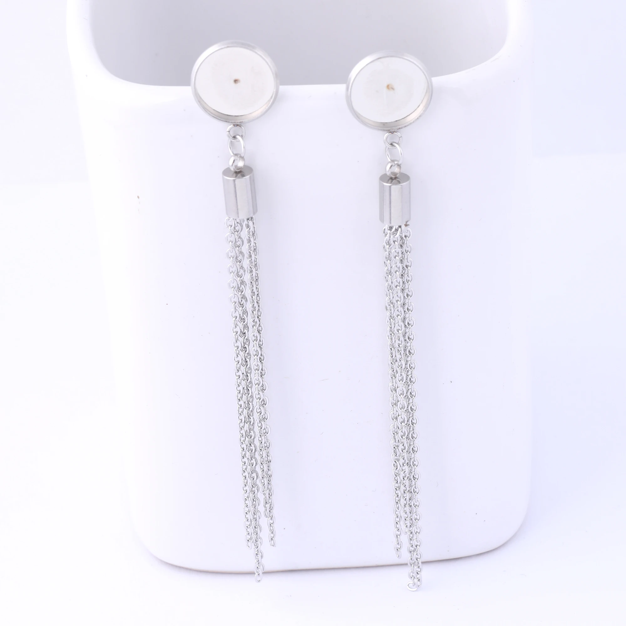 

6pcs Stainless Steel 12mm Cabochon Earring Stud Base Settings With Tassel Charm Diy Bezel Blanks For Jewelry Making Supplies