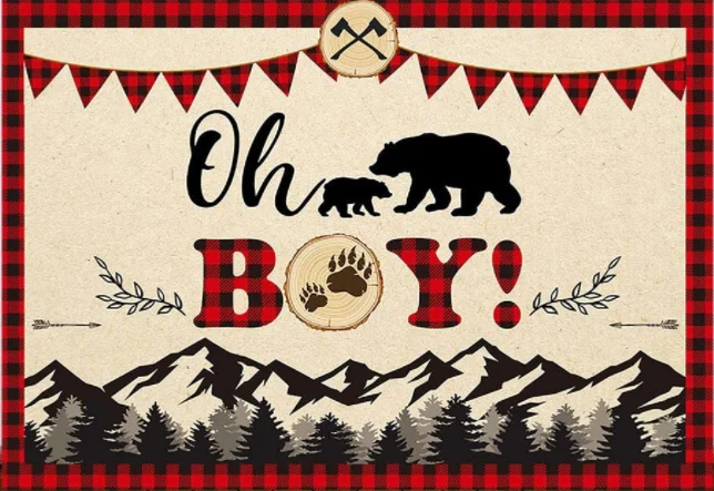 Oh Boy Lumberjack Baby Shower Backdrop 7x5ft Baby Boy Buffalo Plaid Rustic Wilderness Bear Mountain Lumberjack Baby Decorations enlarge