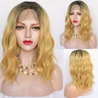 2 тона черные желтые синтетические кружевные передние парики, термостойкие короткие волнистые волосы для женщин