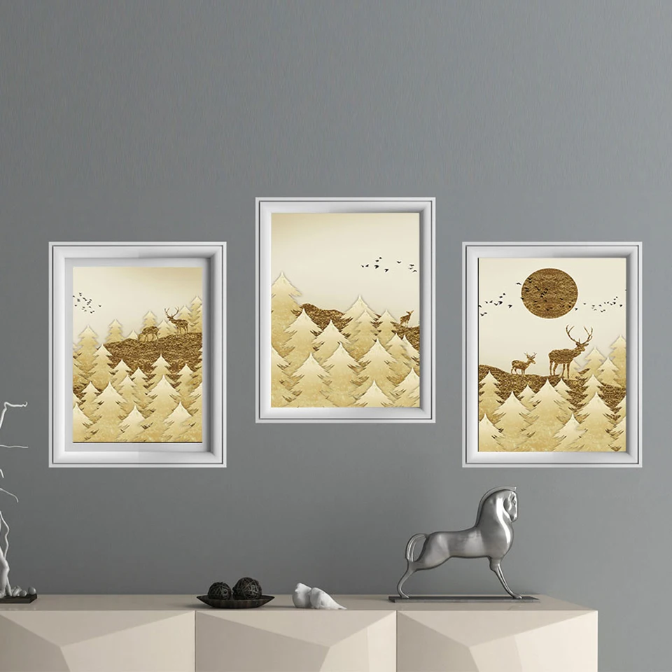 Абстрактная Гора Северный постер Золотая Картина на холсте птица солнце