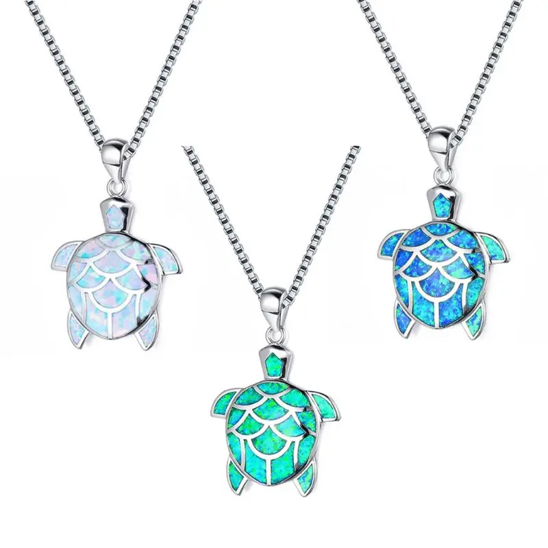 Блестящий синий Огненный ожерелье из опалов Симпатичные Черепаха опалового