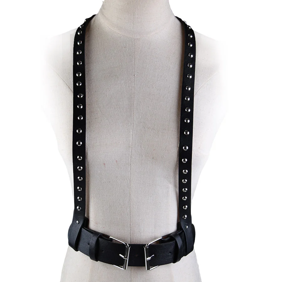 

Men Women Unisex Rivet Punk Leather Harness Wide Waist Belt Big Buckled Body Bondage Sculpting Cage Belt Leather Suspenders Belt
