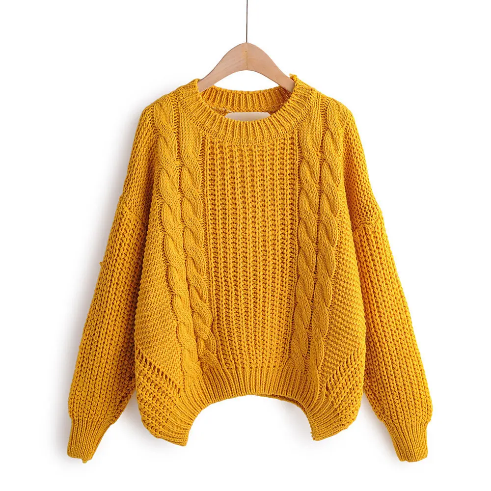 Casual Coarse Needle Knitting Sweater Back Hollow Out Yellow 2019 Autumn Winter Knitted Tops Loose Pullovers | Женская одежда