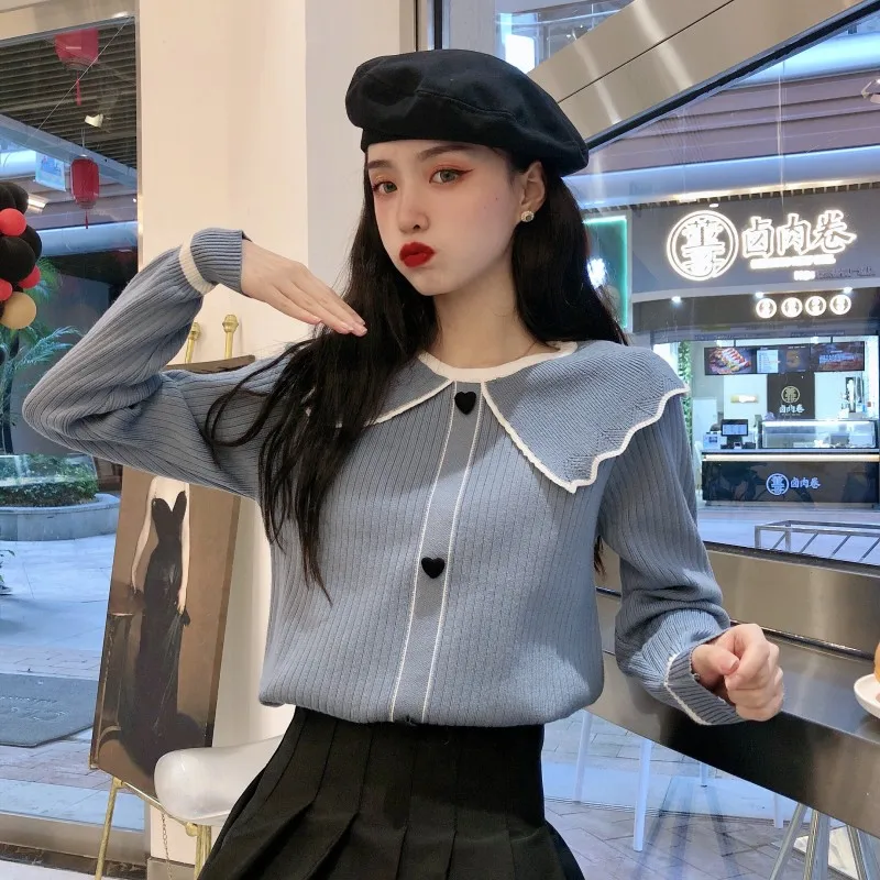 

Fashion Ruffles Doll Collar Long Sleeve Knitted Sweaters for Women Autumn Winter Clothes Korean Black Pullovers Sweet Style Tops