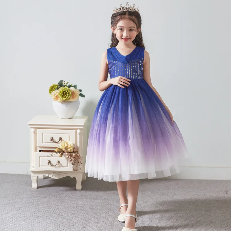 

2021 New Girls Sleeveless Sequin Gradient Color Princess Long Dress Kids Elegant Party Prom Ball Gown Children Costume 3-14 Year