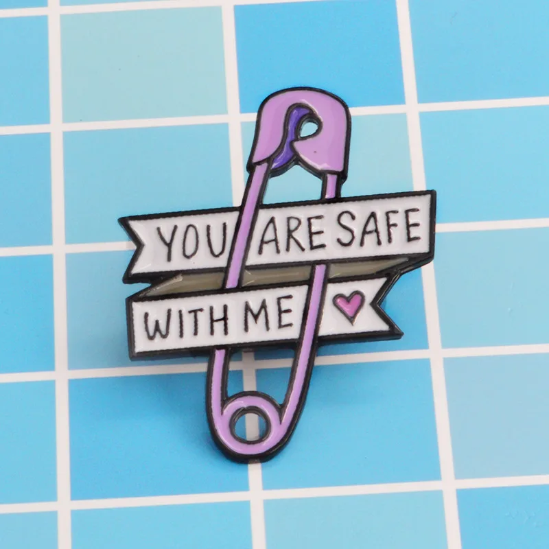 

Fashion Jewelry Engraving You Are Safe with Me Purple Enamel Pin Brooch Badge Clothes Hat Backpack Accessories