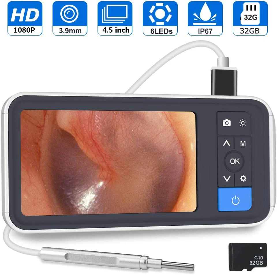 

3.9mm Digital Otoscope 4.5 inch 1080P HD LCD Screen Ear Scope Endoscope Ear Wax Camera with 2500mAh Battery and 32GB TF Card