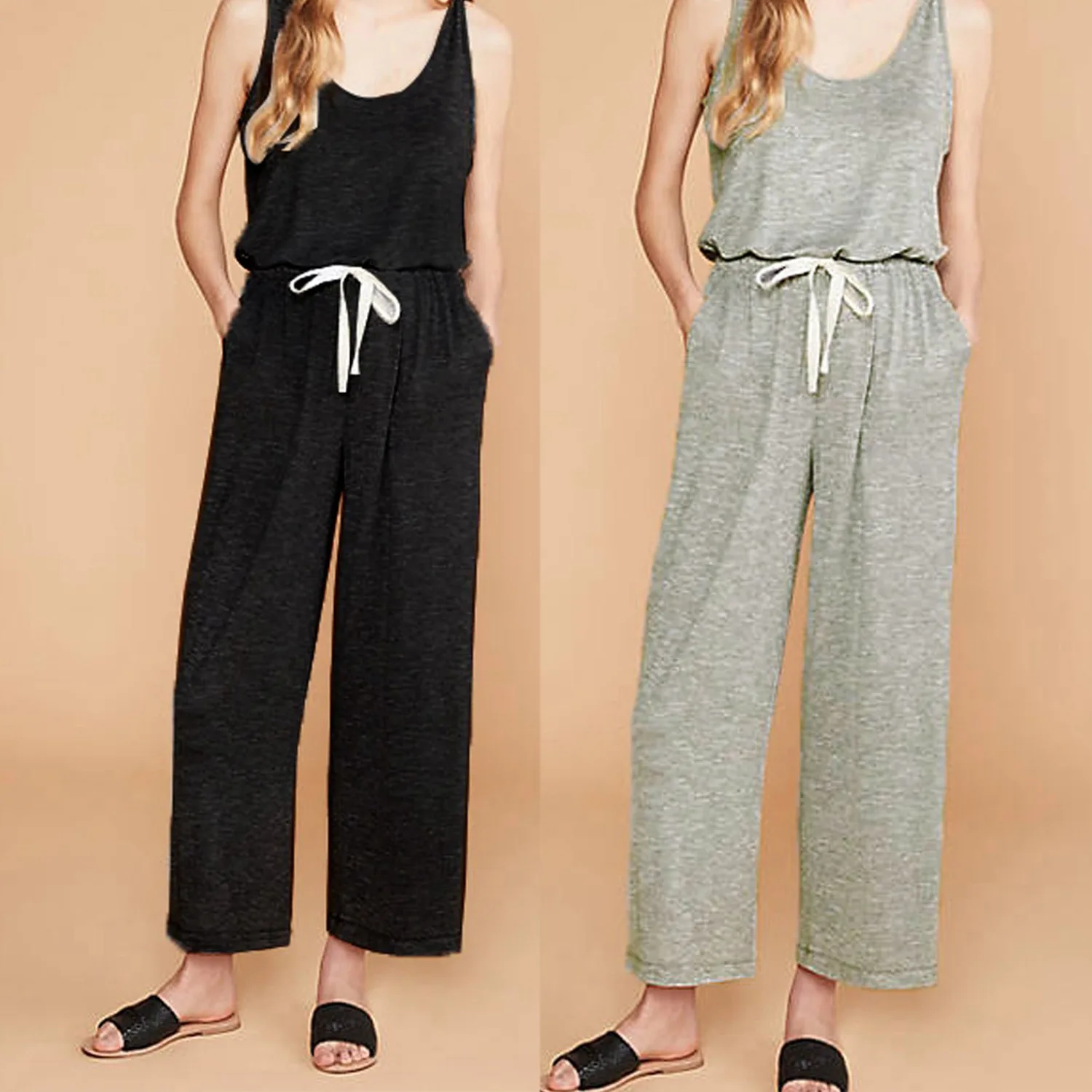 

Women's Fashion Round Neck Vest Lace Casual Female Siamese Straight Pants