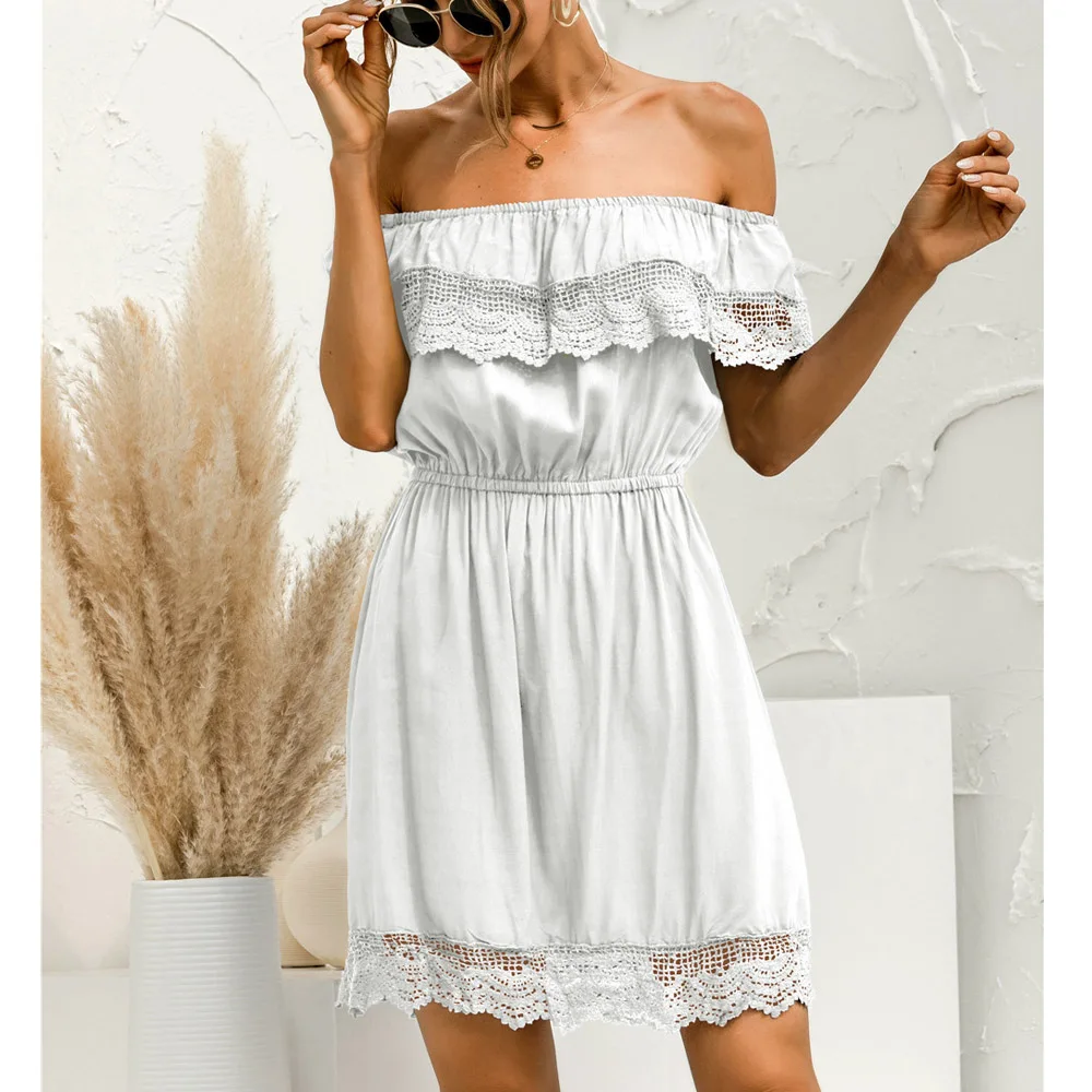 

One-shoulder Hollow Lace Stitching Sexy Ruffled Dress Elastic Waist Solid Color Summer 2021 Women Mini Dresses Dropshipping