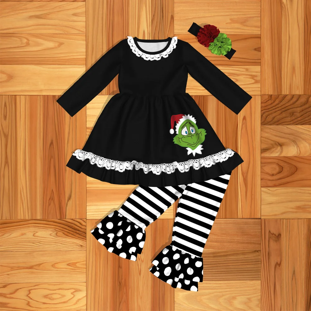 Conice Nini Baby Girl Clothes 2019 clothes lovely Christmas girl clothing black ruffle on and white striped pants chi | Детская одежда
