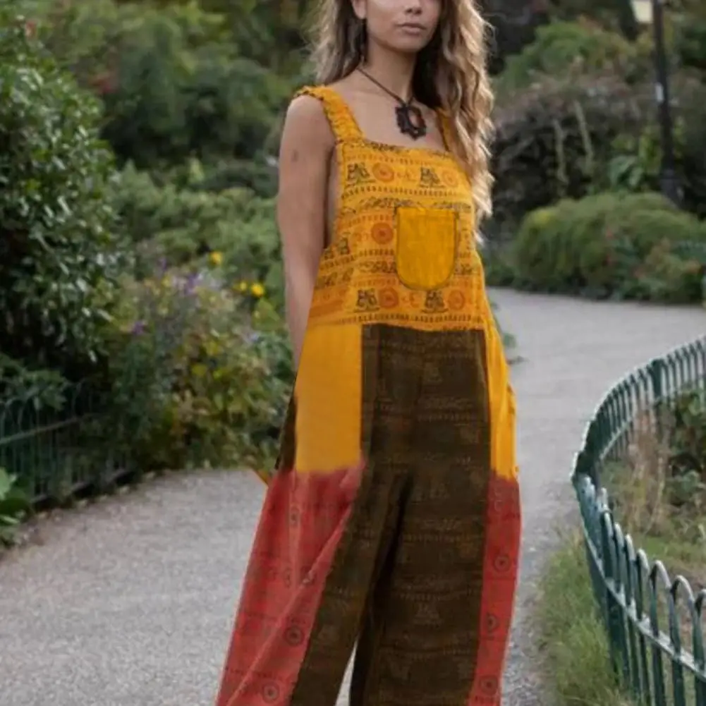 

75% Hot Sales!!! Jumpsuit Sleeveless Color Block Women Backless Wide Leg Retro Print Dungarees Overalls for Summer