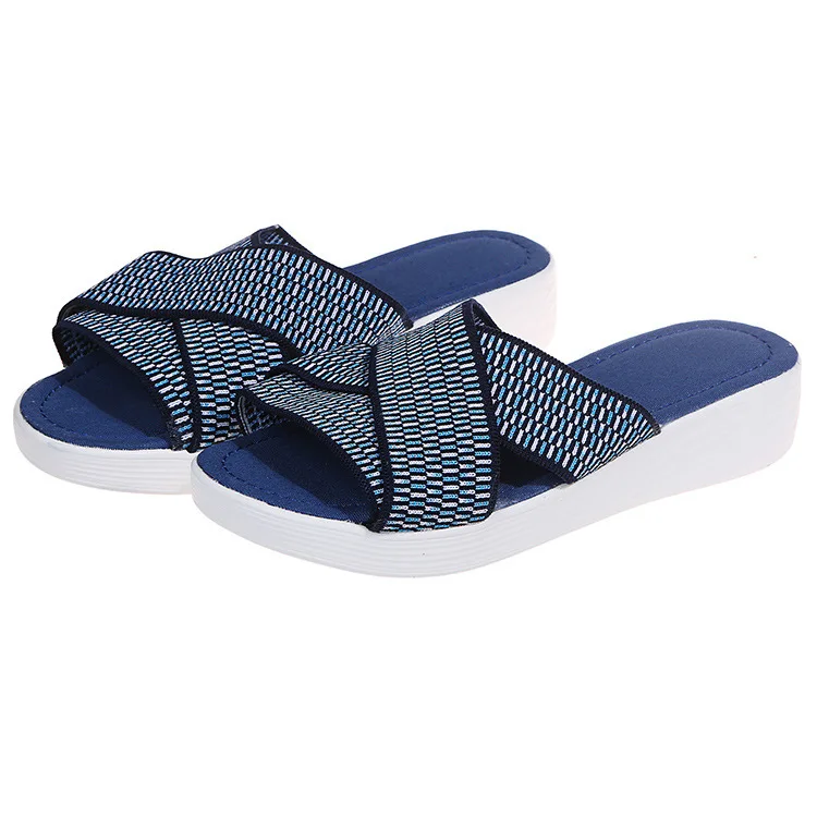 

Female Shoes Fretwork Heels Womens Slippers Outdoor Big Size Med On A Wedge Slides Lady Platform 2021 Girl Fabric Rome PU Basic