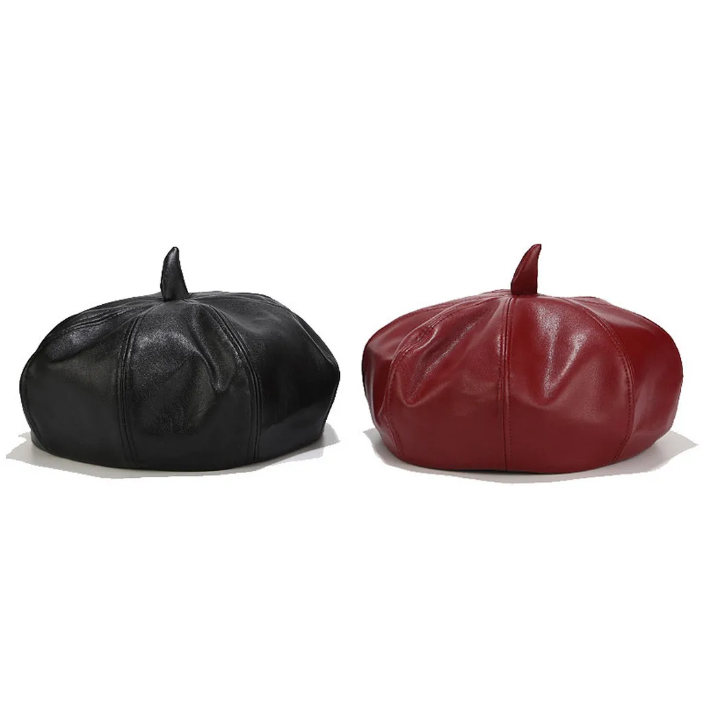 Модные береты Женские однотонные кожаные тыквенные шляпы восьмиугольная шапка