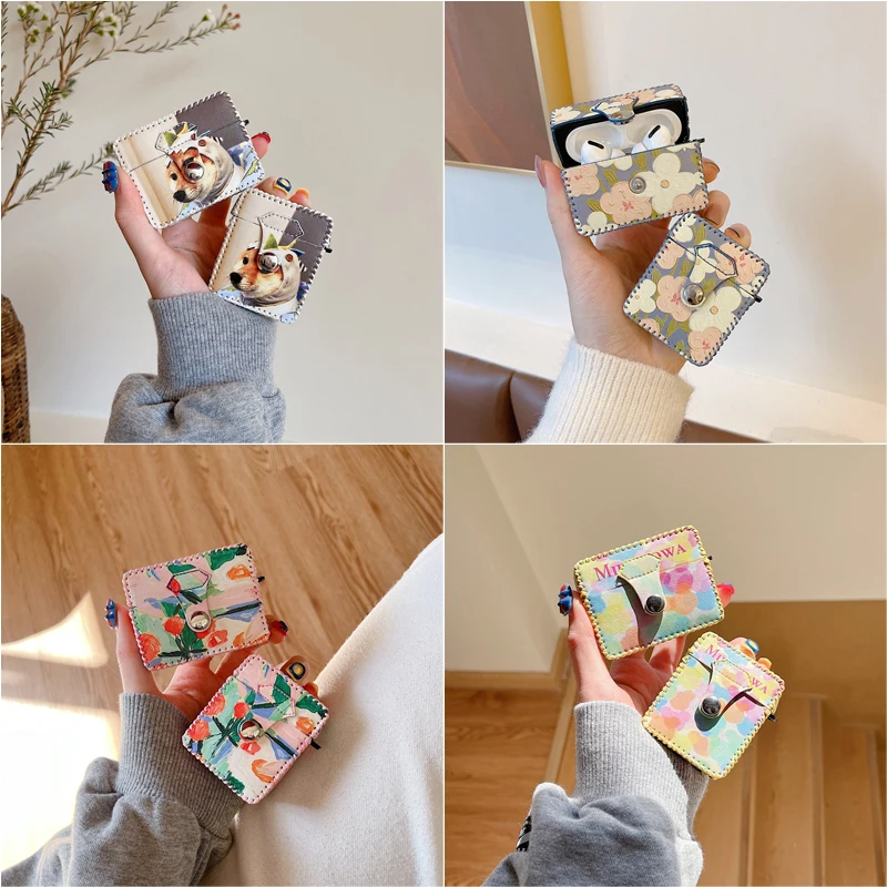 

PU Leather Cute Dog Flowers Button AirPods Case Apple AirPods 2 Case Cover AirPods Pro Case IPhone Earbuds Accessories