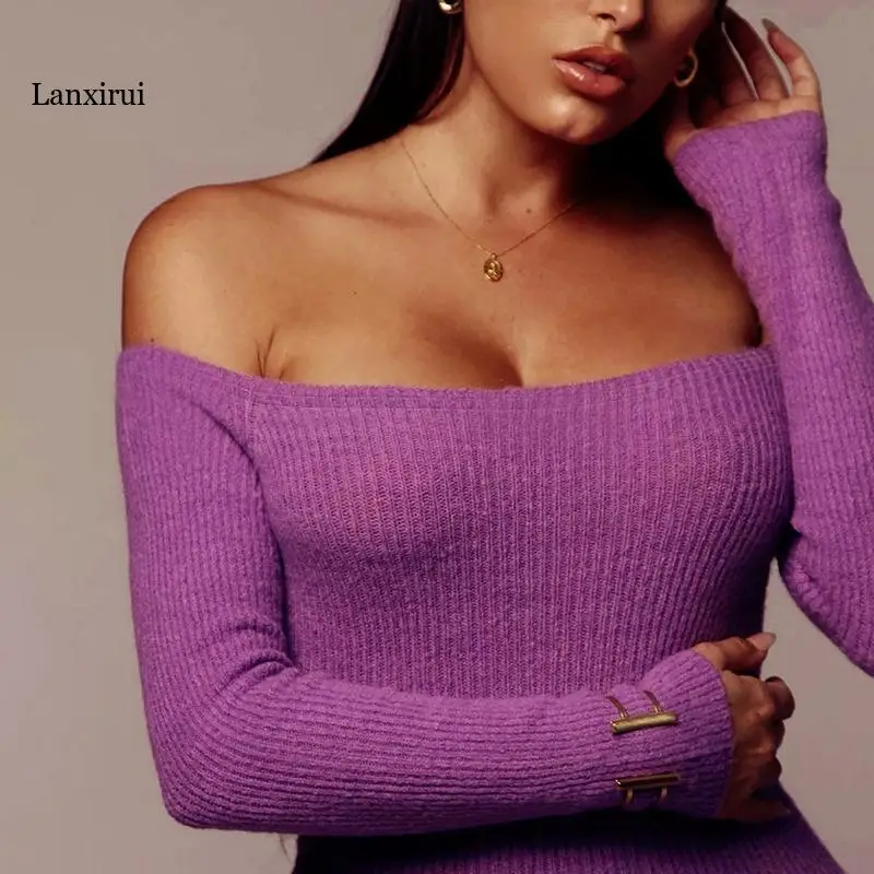 2018 Сексуальная с плеча Оболочка Bodycon платье Для женщин Тонкий длинным рукавом