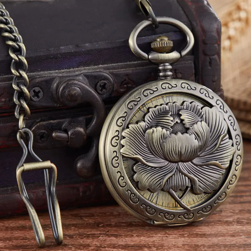

Vintage Bronze Blooming Beautiful Flowers Pocket Watch Hand Wind Colck Pendant Necklace Bracelet Mechanical Pocket Watch Men