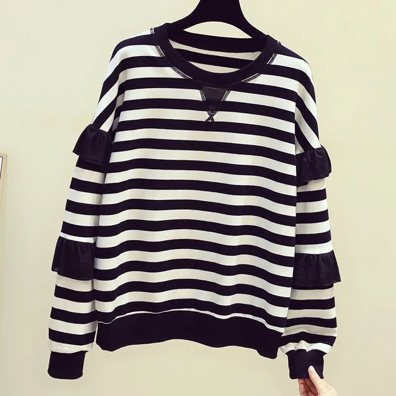 

Pure cotton pullover sweater women new loose stripe stitching top women fashion sweater top