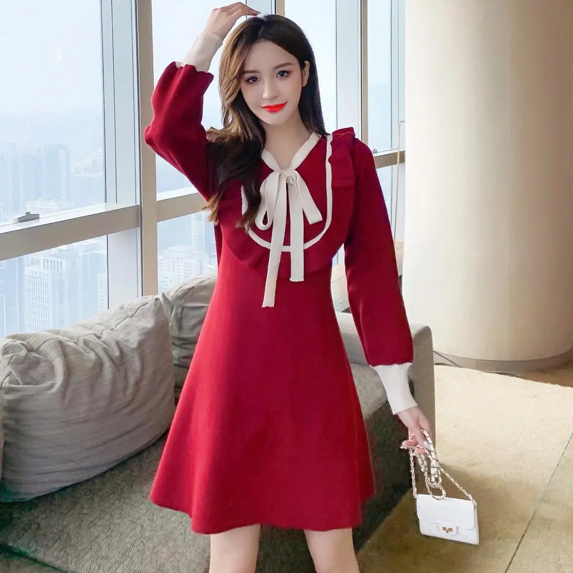 Зимнее трикотажное платье для женщин темперамент милый галстук на шнуровке с