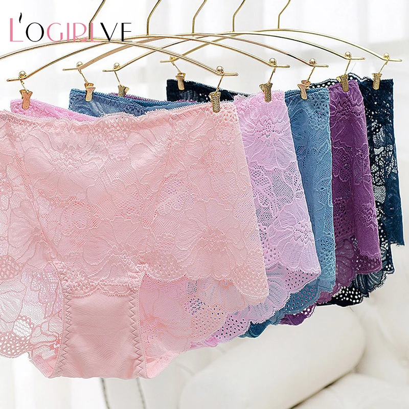 

Logirlve 4PCS Plus Size Underwear Openwork Mid Rise Briefs Women Sexy Lingerie Panties Sheer Flower Lace Underpanty 7 Colors
