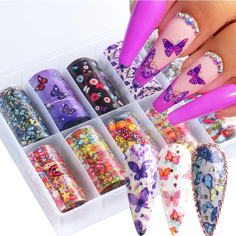 

10 colors Butterfly Nail Foils Holographic Stickers for Art Decals Sliders Transfer Paper 3D manicure Decorations