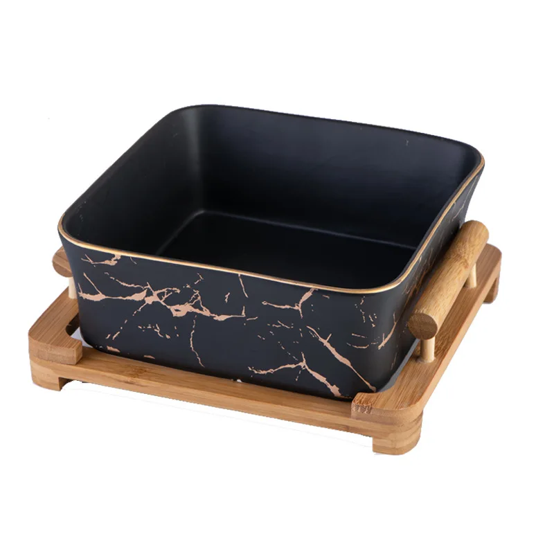 

Nordic Water Fruit Dish Creative Wooden Frame Square Bowl Household Ceramic Fruit Dish Square Dessert Bowl Fruit Salad Bowl