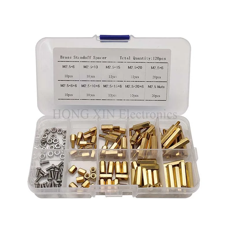 

120Pcs/M2.5 PCB Male-Female Brass Standoff Spacer Board Hex Screws Nut Assortment kit set