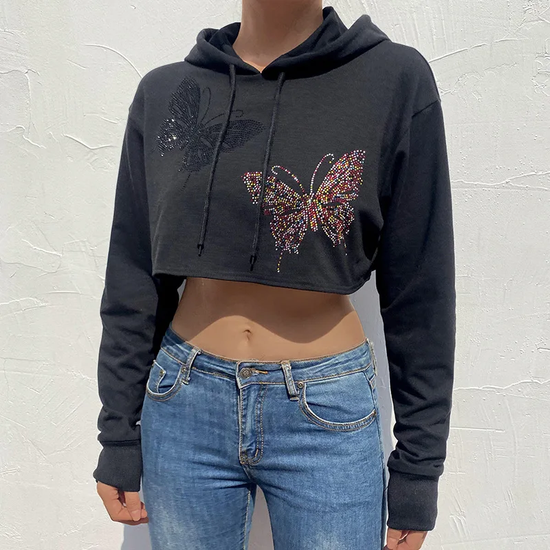 

Autumn Women’s Casual Y2K Rhinestone Cropped Hoodies Ladies Female Gothic Long Sleeve Butterfly Pattern Relaxed Fit Sweatshirts