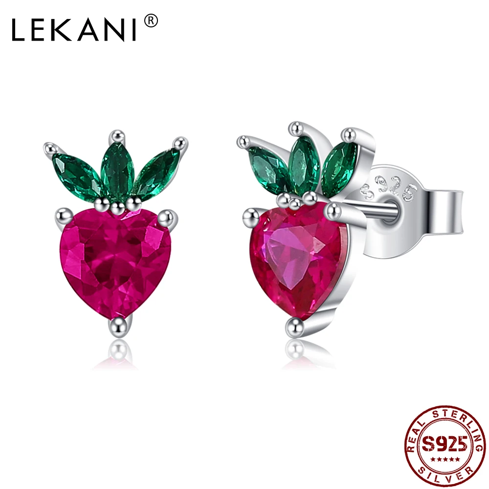 

LEKANI Fruits Shape Stud Earring For Women 925 Sterling Silver Lovely Little Strawberry Zircon Earring Wife Gifts Fine Jewelry